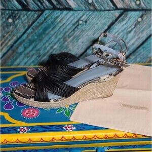 Frances Valentine NIB Size 10 Black Embossed Snake Leather Espadrille Sandals